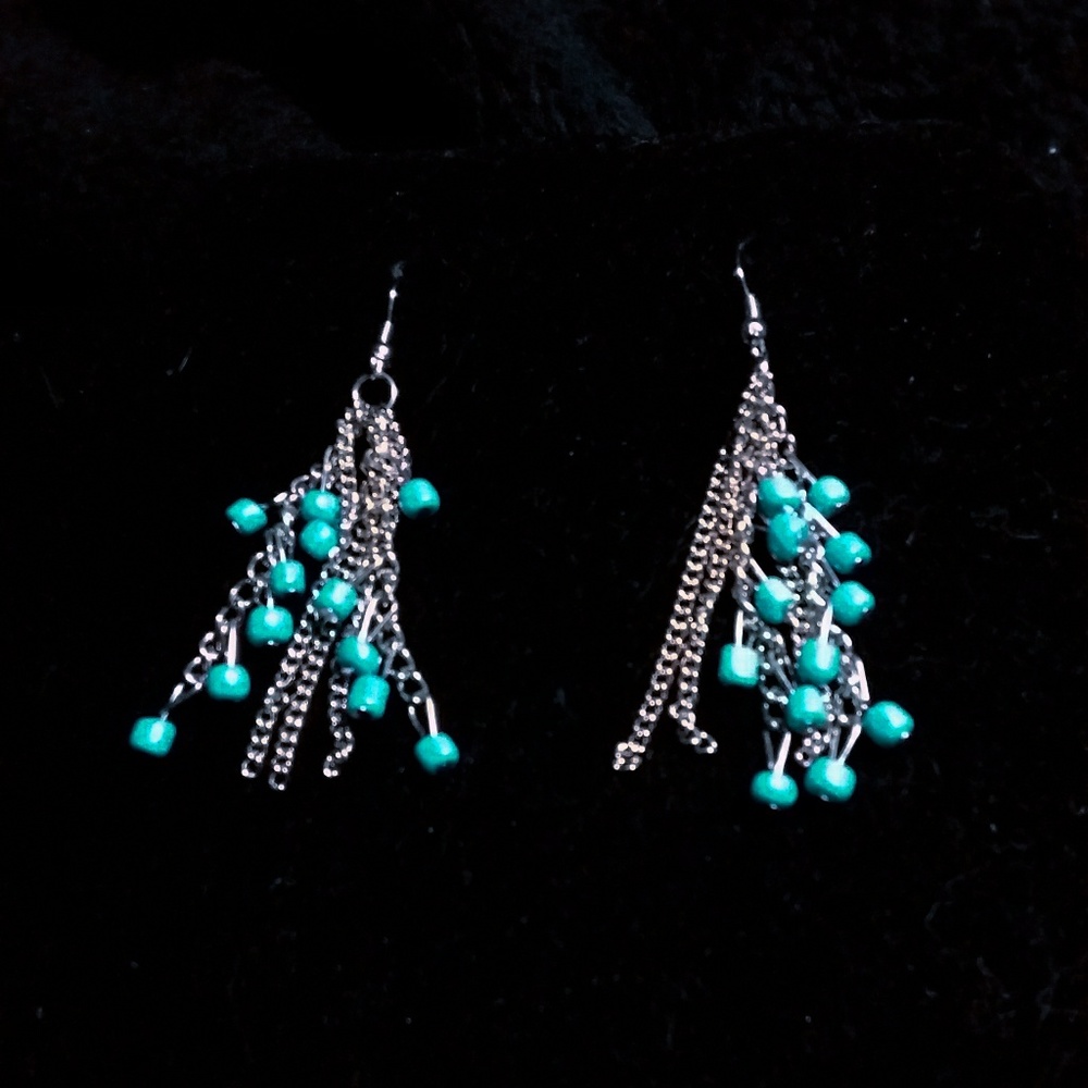 🎉HP🎉Nwot Turquoise&Silver Tassel Dangle Earrings - Picture 2 of 3